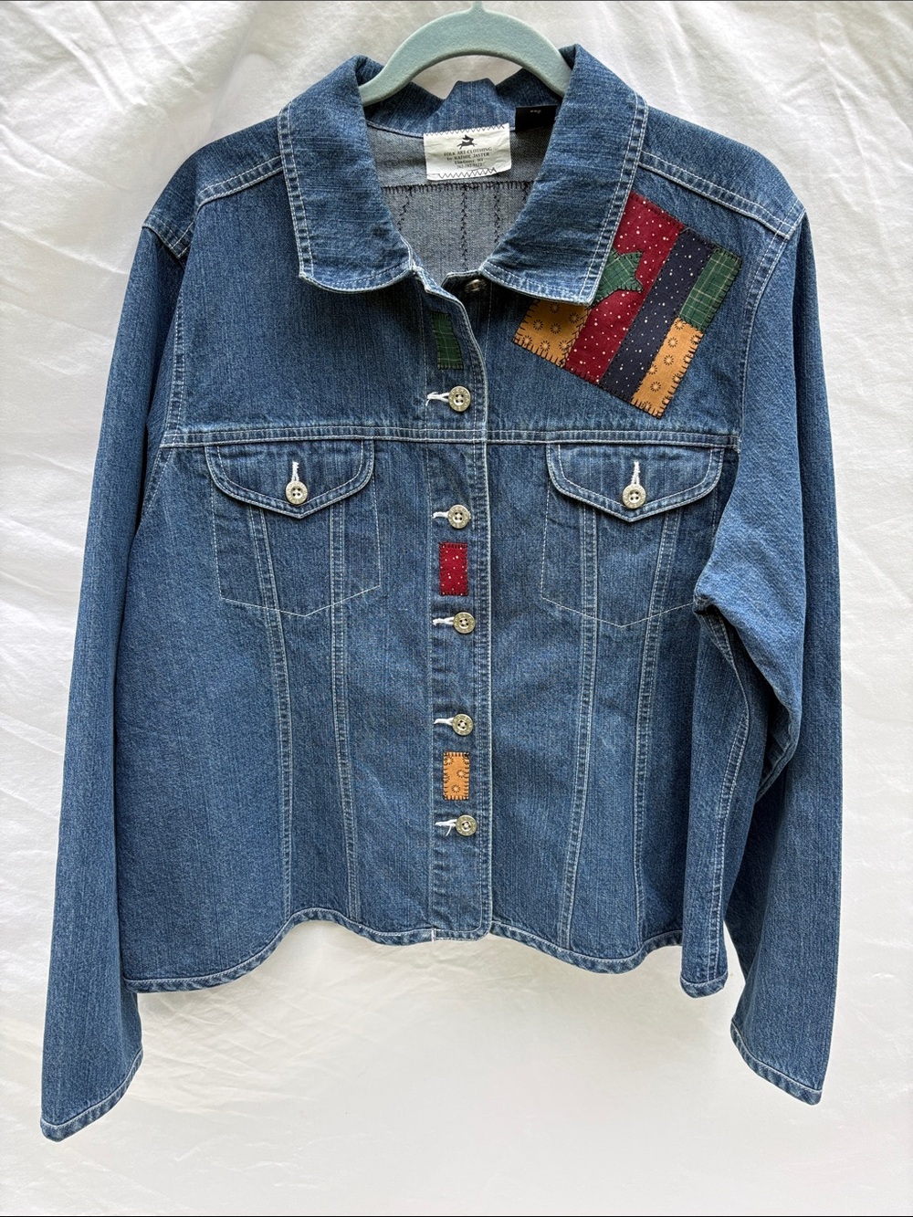 Women's Blue Denim Jacket with Colorful Patch Details